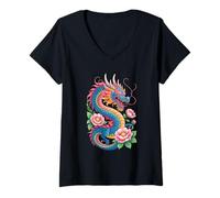 Mujer Dragón Mítico Acuarela Flores Hermoso Arte Colorido Camiseta Cuello V
