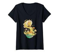 Mujer Dragón Ramen Fideos Arte Cocina Asiática Camiseta Cuello V