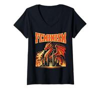 Mujer Dragón Respirando Fuego Feminismo Fantasía Mítico Mujer Hombres Camiseta Cuello V