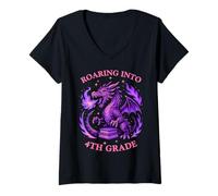 Mujer Dragon Roaring Into 4th Grade Fourth Teacher Back To School Camiseta Cuello V