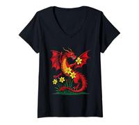 Mujer Dragón Rojo Entre Narcisos Flores Camiseta Cuello V