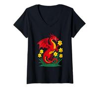 Mujer Dragón Rojo sosteniendo un Narciso Camiseta Cuello V