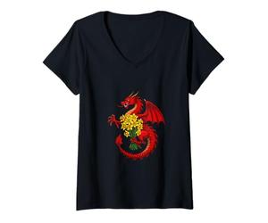 Mujer Dragón Rojo sosteniendo un Ramo de narcisos Camiseta Cuello V