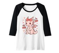 Mujer Dragón Rosa con Arco y Cerezas Sweet Coquette Kawaii Camiseta Manga Raglan