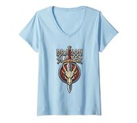 Mujer Dragon Slayer Fantasía RPG Espada Dragon Skull Medieval Gamer Camiseta Cuello V