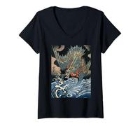Mujer Dragón Volando Sobre Las Olas Turbulentas Vintage Japonés Dragón Camiseta Cuello V