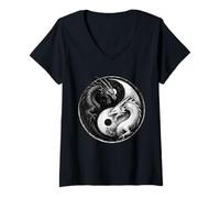 Mujer Dragones luchando Yin Yang Vintage Japonés Anime Retro Arte Camiseta Cuello V