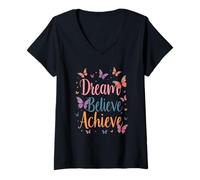 Mujer Dream Believe Achieve Happy Butterfly Mensaje edificante Camiseta Cuello V