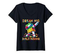 Mujer Dream Big Build Bigger Funny Blocks Bricks Master Builder Camiseta Cuello V