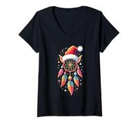 Mujer Dreamcatcher Christmas Santa Elf Feather Dream Catcher Camiseta Cuello V