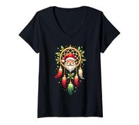 Mujer Dreamcatcher Christmas Santa Hat Feather Xmas Dream Catcher Camiseta Cuello V