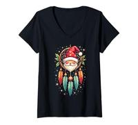 Mujer Dreamcatcher Christmas Santa Hat Feather Xmas Dream Catcher Camiseta Cuello V