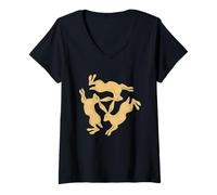 Mujer DREI Hasen Trinität Spirituell Symbol Erde Sonne Mond Natur Camiseta Cuello V