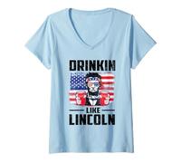 Mujer Drinking Like Lincoln Merica Flag Patriotic 4th of July Camiseta Cuello V