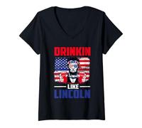 Mujer Drinking Like Lincoln Merica Flag Patriotic 4th of July Camiseta Cuello V