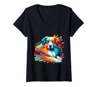 Mujer Dripping Paint Art Australian Shepherd Aussie Dog Camiseta Cuello V