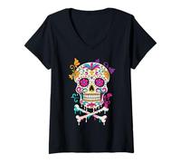 Mujer Dripping Sugar Skull Floral Ice Cream Style Día de los Muertos Camiseta Cuello V