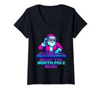 Mujer Drop The North Pole Beat | Divertida Fiesta de Navidad con DJ de Papá Noel Camiseta Cuello V