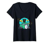 Mujer Drummer Musician Kitty Drum Set Band Pet Lover Rock Art Camiseta Cuello V