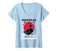 Mujer Duckzilla Gigante Kaiju Pato Retro Japonés Arte Camiseta Cuello V