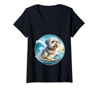 Mujer Dueño de un Perro Habanero Surfista Surfista Surfboard Rider Vintage Camiseta Cuello V
