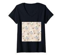 Mujer DULCE ABSTRACTO FLORAL PATRÓN AZUL TAUPE Y BLANCO Camiseta Cuello V