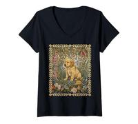 Mujer Dulce Cachorro Golden Retriever con Estampado Floral Vintage Camiseta Cuello V