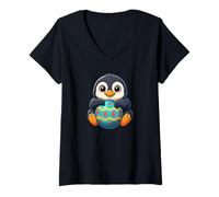 Mujer Dulce dibujos animados pingüino Pascua huevo celebración Camiseta Cuello V