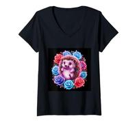 Mujer Dulce erizo con hermosas flores Camiseta Cuello V