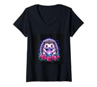 Mujer Dulce erizo con hermosas flores Camiseta Cuello V