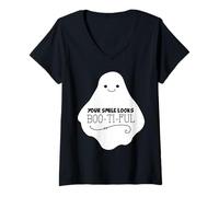 Mujer Dulce Fantasma Dice Que tu Sonrisa se ve Divertida de Halloween Camiseta Cuello V