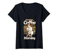 Mujer Dulce Jack-Russell Terrier y una Taza de café por la mañana Camiseta Cuello V