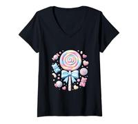 Mujer Dulce Lollipop Candy Pastel Gummy Bear Heart Sugar Treats Camiseta Cuello V