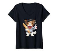 Mujer Dulce Papillon-Enano Español Perro Café Francia Bandera Camiseta Cuello V