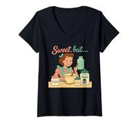 Mujer Dulce Pero Psycho Retro Humor Oscuro Vintage Camiseta Cuello V