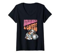 Mujer Dulce Perro Pastor Australiano y Taza de café por la mañana Camiseta Cuello V
