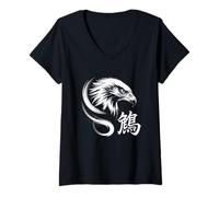 Mujer Eagle Japanese Kanji Sumi-e - Pincel de Tinta Vintage Camiseta Cuello V