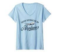 Mujer Easily Distracted By Airplanes Plane Lover Vintage Aviation Camiseta Cuello V
