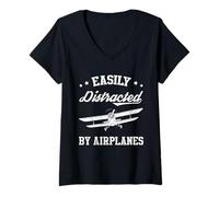 Mujer Easily Distracted by Airplanes Vintage Airplane Lover Camiseta Cuello V