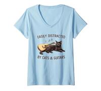 Mujer Easily Distracted by Cats and Guitars Black Cat Guitarist Camiseta Cuello V