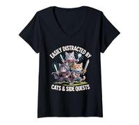 Mujer Easily Distracted by Cats and Side Quests RPG Gamer Camiseta Cuello V