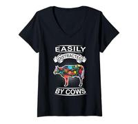 Mujer Easily Distracted by Cows Funny Animal Cow Loves Camiseta Cuello V