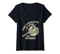Mujer Easily Distracted by Music and Bourbon Skeleton Camiseta Cuello V