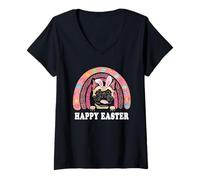Mujer Easter French Bulldog Dog Bunny Eggs Hunting Boho Rainbow Camiseta Cuello V