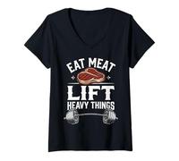 Mujer Eat Meat Lift Heavy Carnívoro Diet Steak & Barbell Camiseta Cuello V