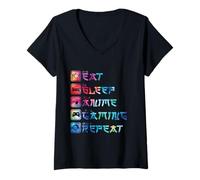 Mujer Eat Sleep Anime Gaming Repeat Funny Otaku Gamer Camiseta Cuello V