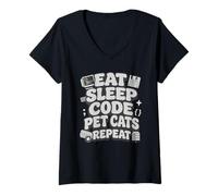 Mujer Eat Sleep Code Pet Cats Repeat Funny Programmer Cat Lover Camiseta Cuello V