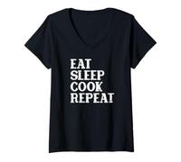 Mujer Eat Sleep Cook Repeat, Cocinar, Hombres y Mujeres, Chef, Divertido Camiseta Cuello V