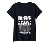 Mujer EAT SLEEP FIX REPEAT TEAM CAOS CONTROL Equipo mecánico de rally Camiseta Cuello V