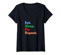 Mujer Eat Sleep Fly Repeat - Viajeros, Pilotos y Amantes de la aviación Camiseta Cuello V
